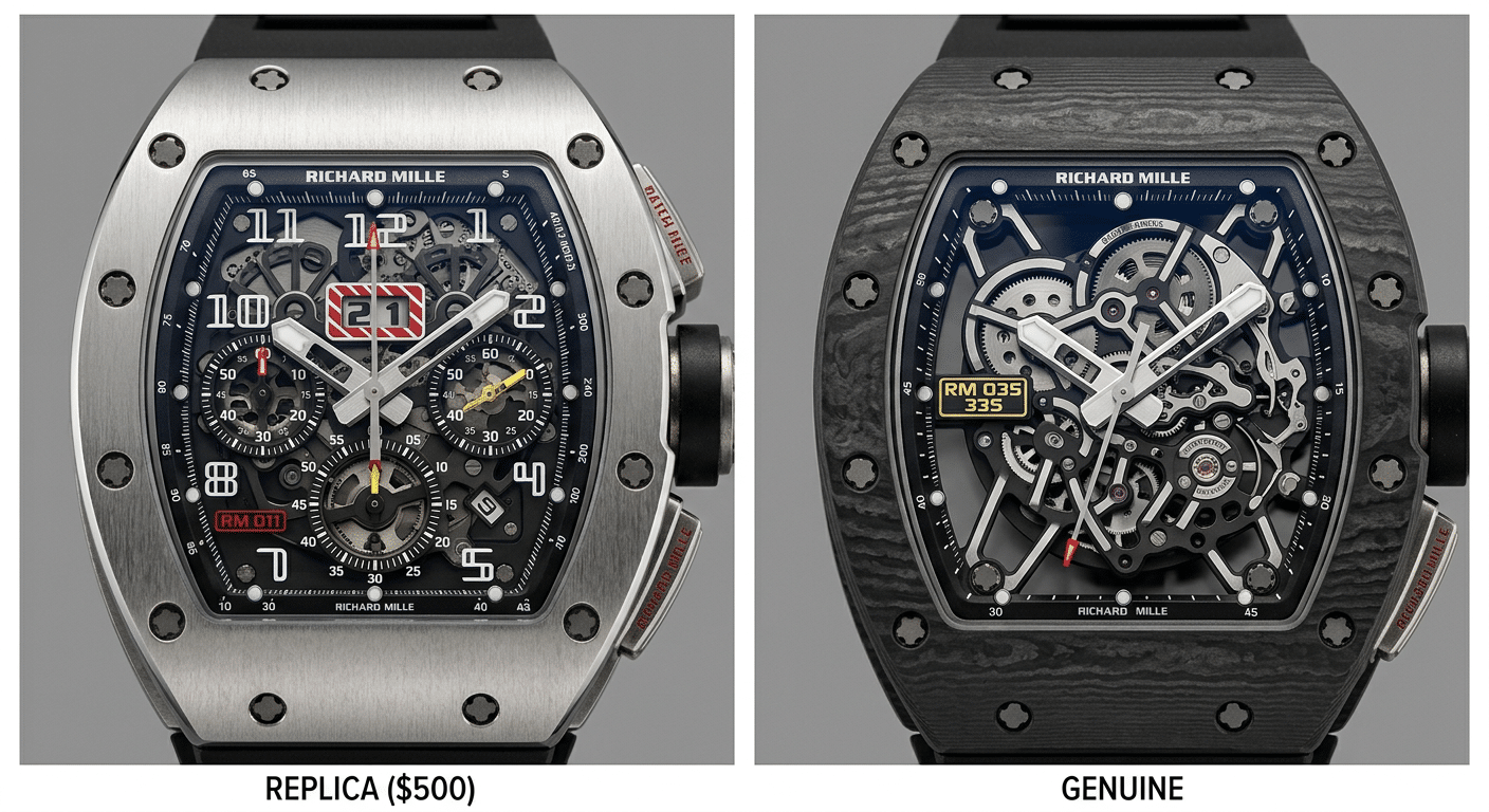 Front-facing comparison of $500 Richard Mille replica showing dial details, screw placement, and skeletonized appearance under flat studio lighting