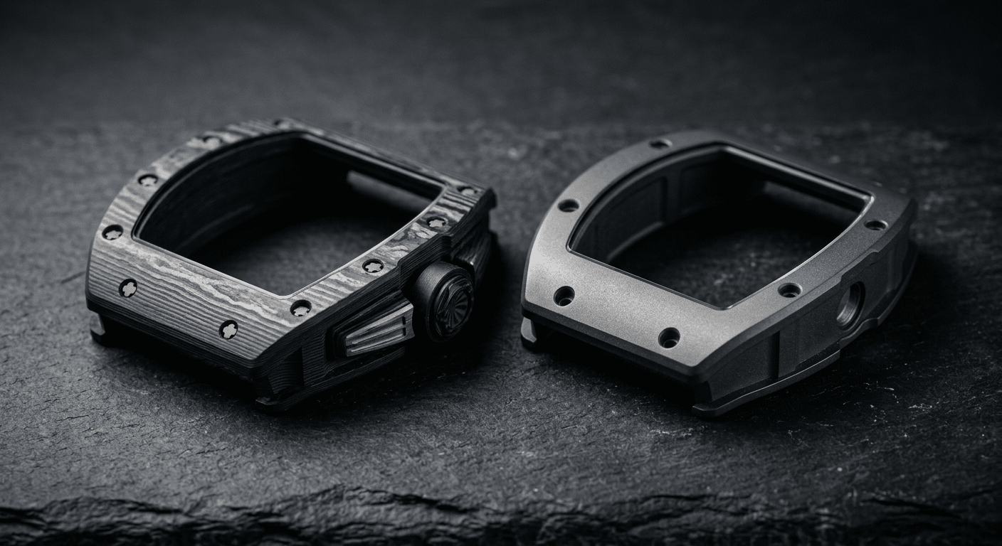 comparison of tonneau case construction showing layered carbon fiber simulation versus solid molded case at different price tiers