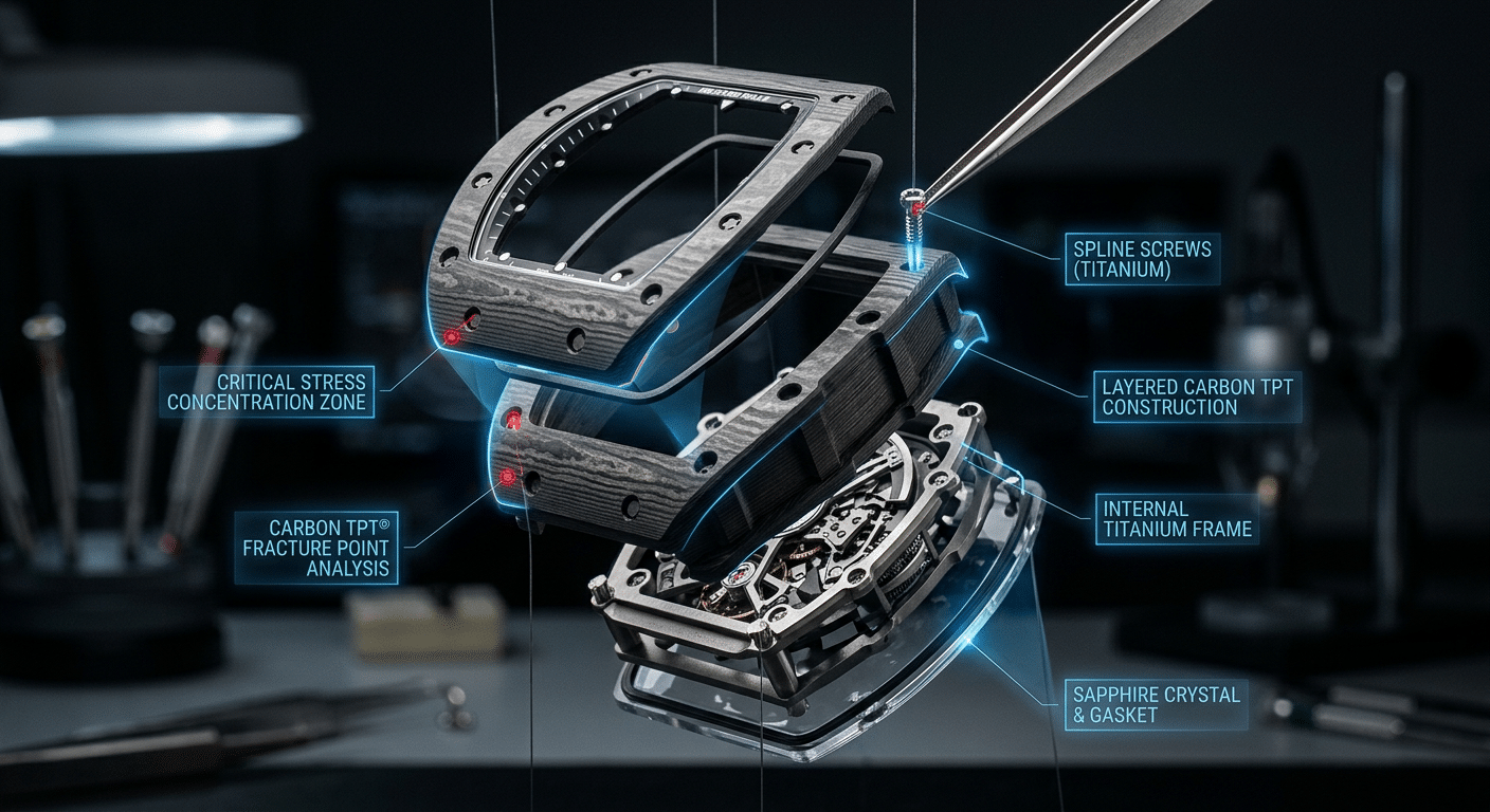 Richard Mille tonneau case construction showing layered materials, screw placement, and potential stress fracture points at case curves