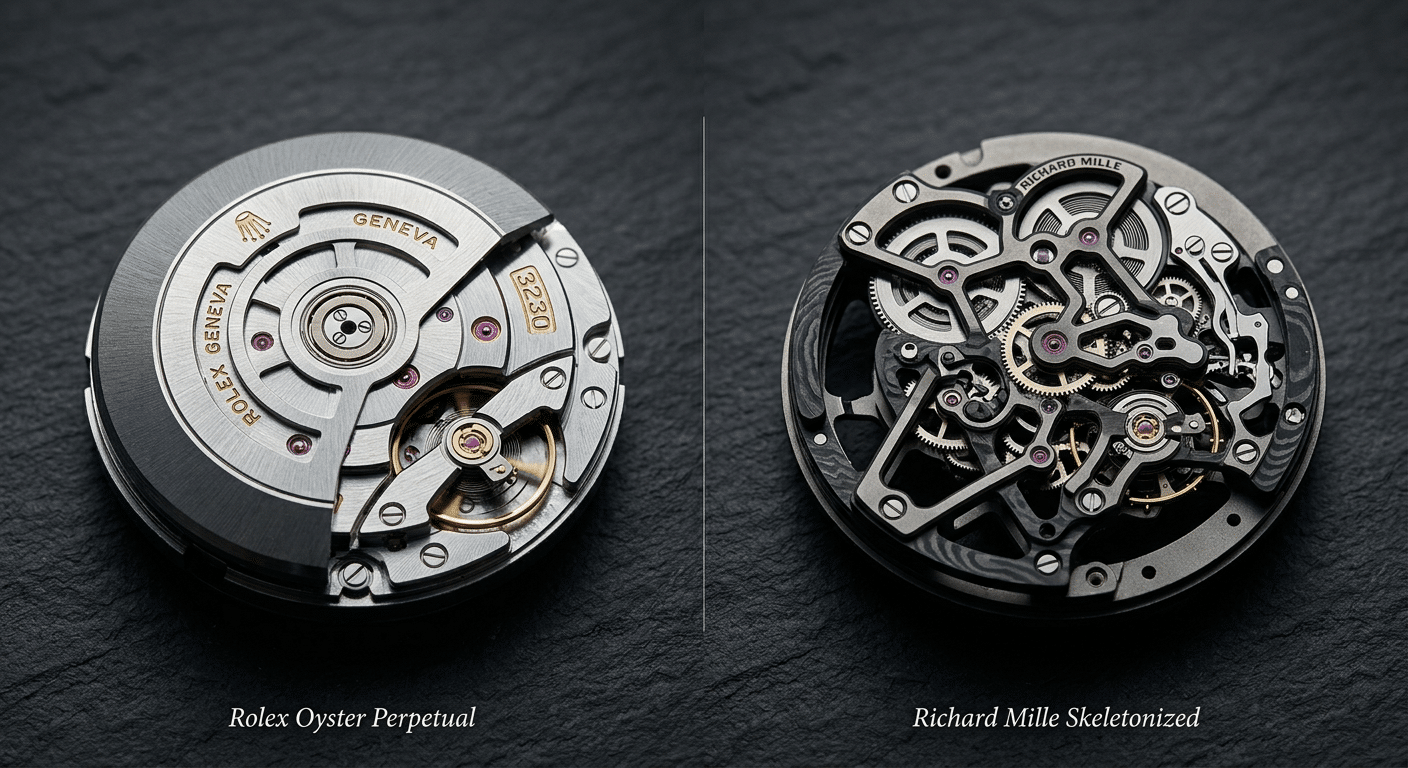 Comparison of sealed Rolex movement versus exposed skeletonized Richard Mille movement showing dust accumulation points and service access difficulties