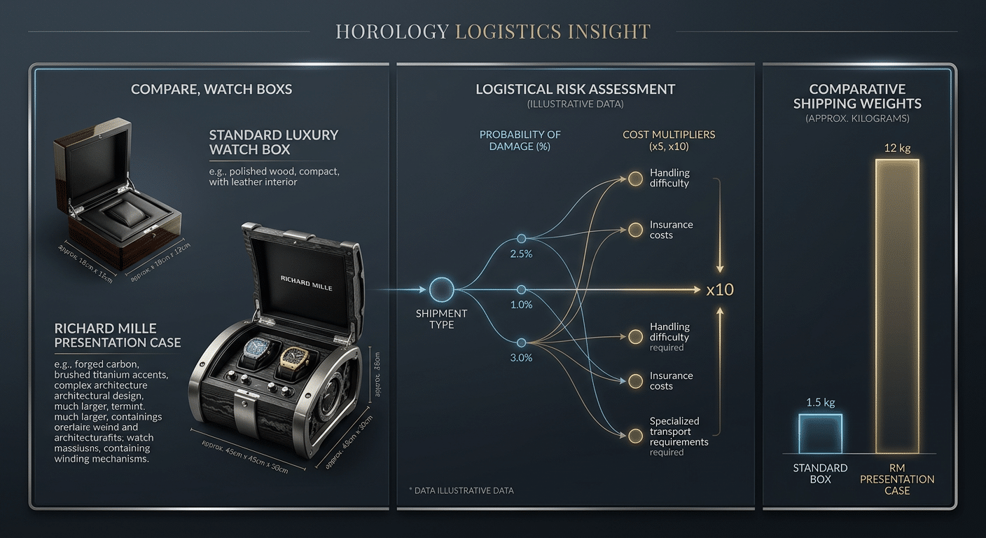 Risk calculation diagram showing probability percentages, cost multipliers, and comparison of shipping weights between standard watch boxes versus Richard Mille presentation case packaging