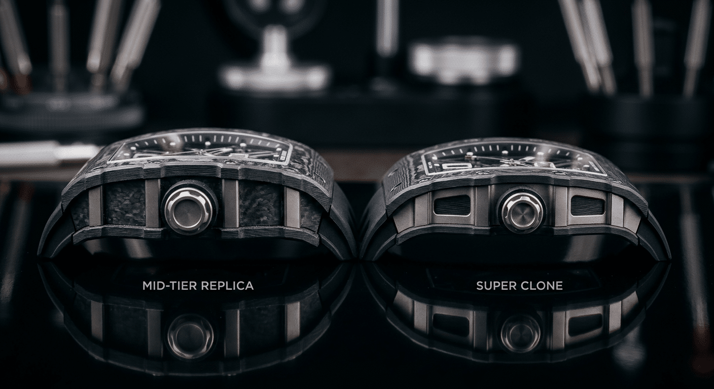 side-by-side comparison showing thick mid-tier RM replica case profile versus thinner super clone tier, highlighting lug curve and case band differences