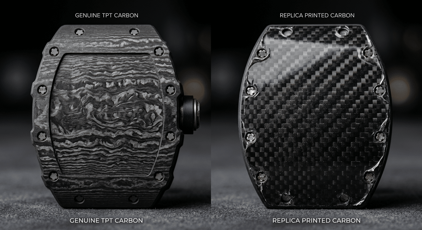 Macro comparison of RM replica carbon case flanks showing genuine layered carbon fiber texture versus printed hydro-dipped pattern with visible sticker edges at screw holes