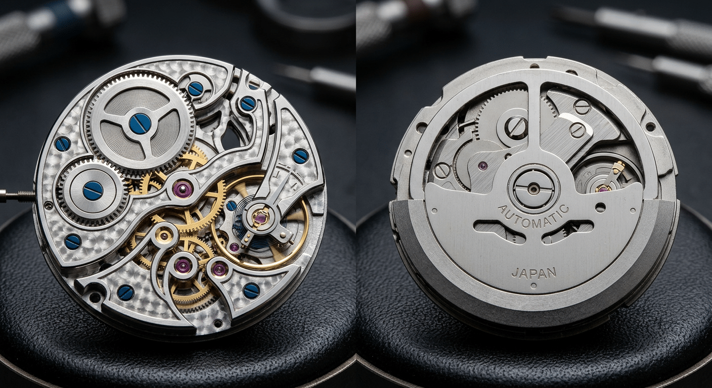 Close-up comparison of RM replica skeleton dial showing integrated bridge architecture with proper perlage versus applied decorative plates sitting atop standard movement base