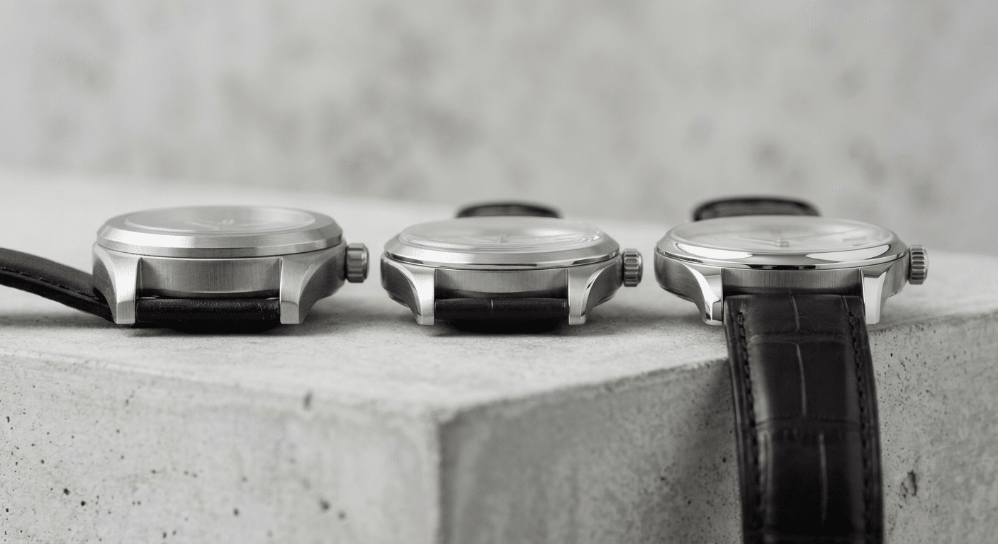 side profile comparison showing case thickness differences, bezel curvature, and lug-to-strap transition across replica tiers under neutral lighting