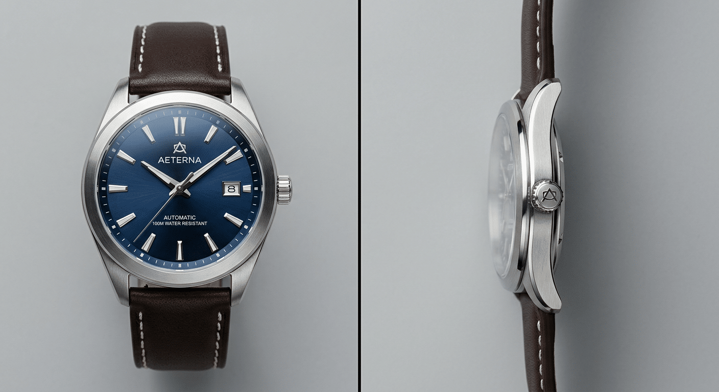 front dial and side angle view showing acceptable printing, standard case thickness, and clean strap integration for mid-tier replicas