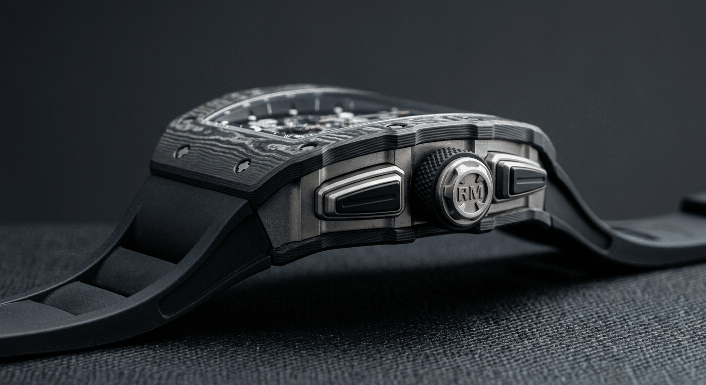 side profile view showing tonneau case thickness, layered construction alignment, and rubber strap curvature on a mature Richard Mille replica