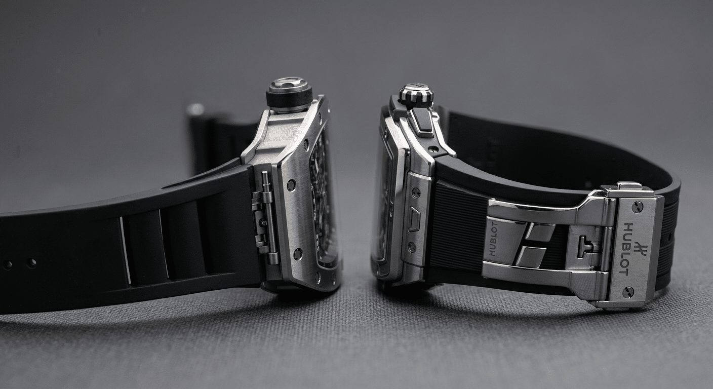 close-up comparison of replica watch strap curvature, quick-release pin alignment, and clasp engagement on a tonneau super clone watch