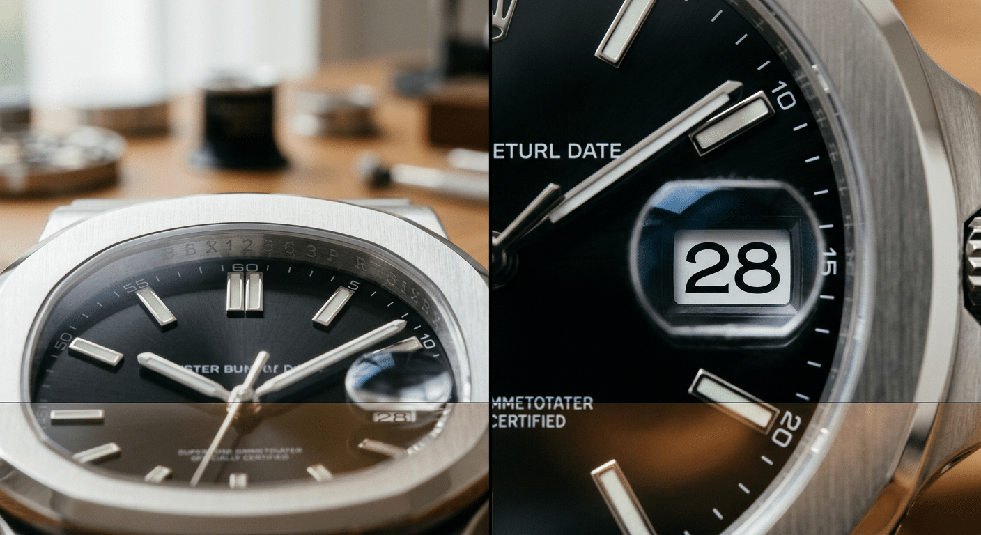 Close-up comparison of replica watch dial alignment, rehaut positioning, and datewheel centering on a tonneau super clone watch under natural lighting