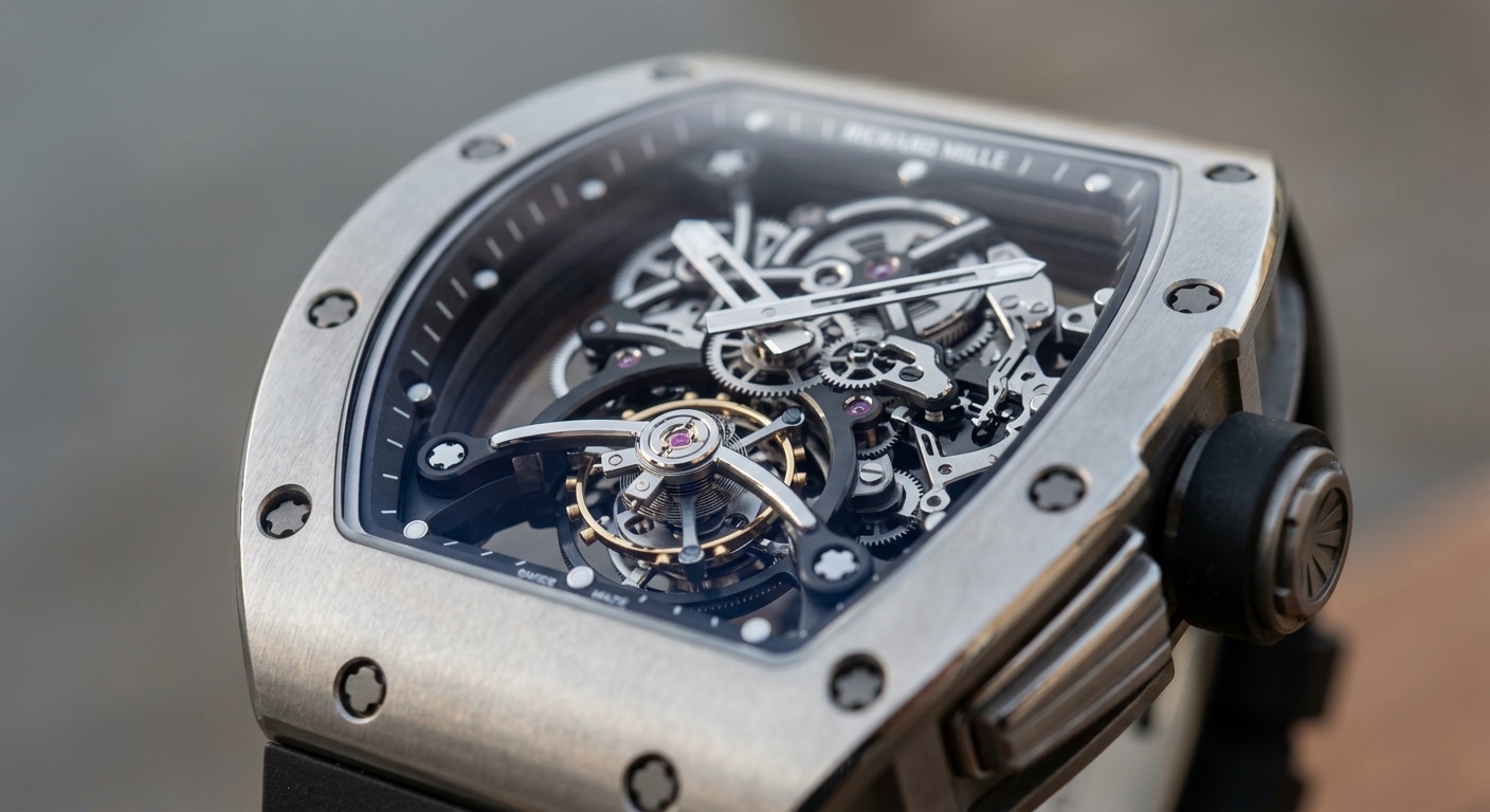close-up side view of a tourbillon Richard Mille replica case and movement showing cage assembly, bridge layout, and skeletonized structure under neutral lighting