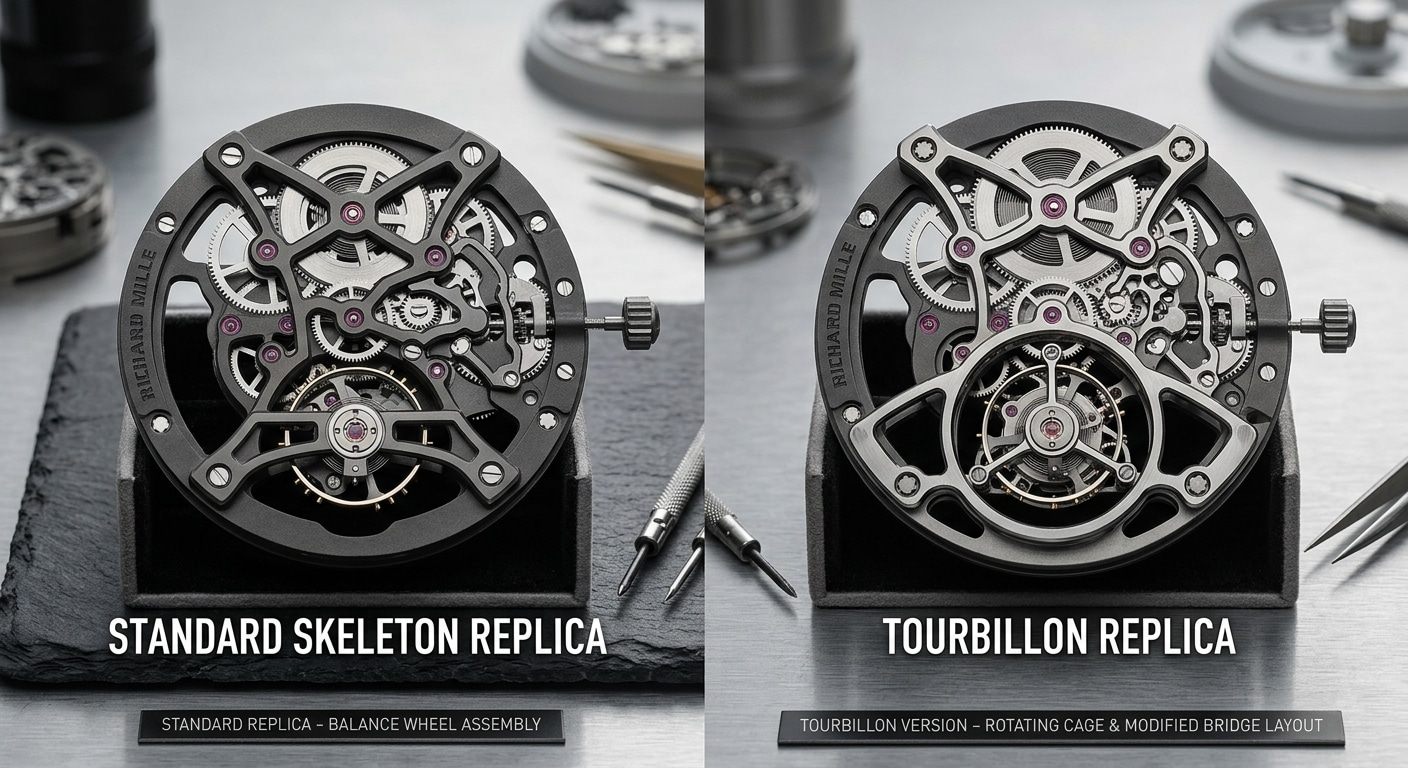 side-by-side comparison of a standard Richard Mille skeleton replica movement and a tourbillon version, showing the open cage and bridge layout differences