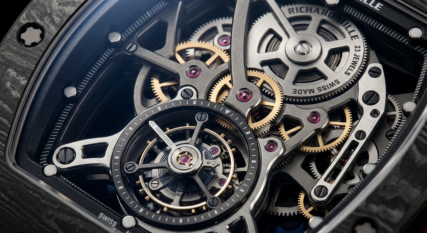 macro shot of a tourbillon Richard Mille replica movement showing the rotating cage, skeletonized bridges, and visible gear train under focused lighting