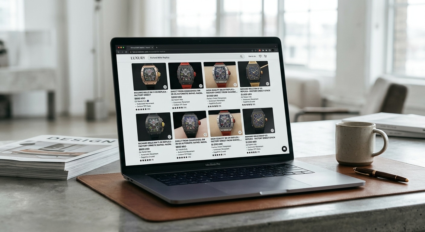 search results page showing multiple Richard Mille replica listings with the phrase “factory direct” or “direct from Guangzhou” in product titles