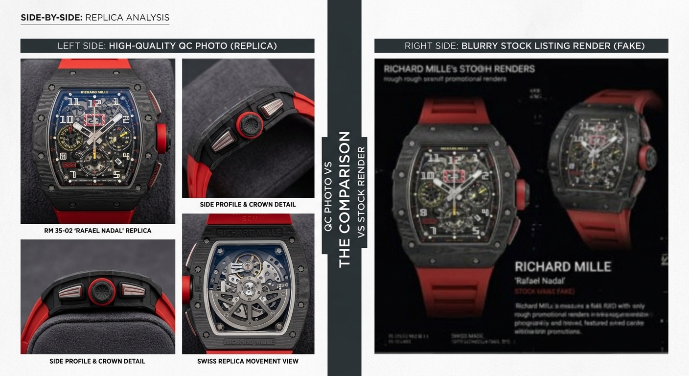 side-by-side comparison of a well-lit QC photo showing an RM replica front dial, side profile, and movement view versus a blurry stock listing image showing only promotional renders