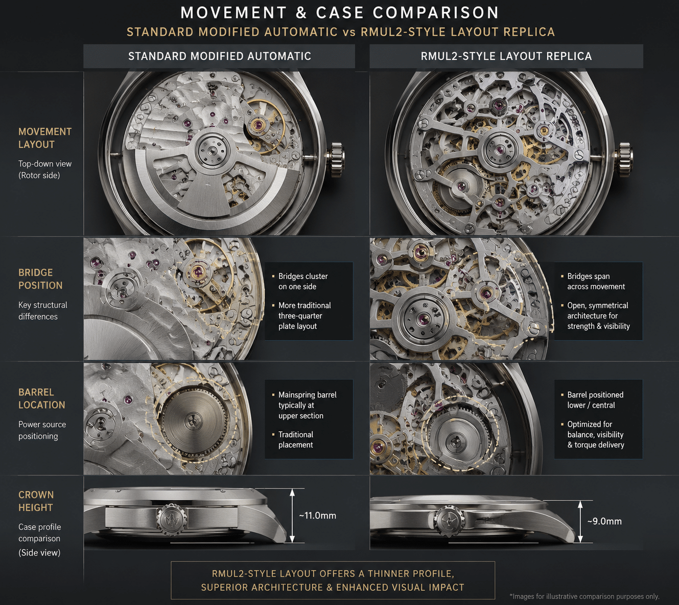 side-by-side comparison of a standard modified automatic movement versus a dedicated RMUL2-style layout replica, showing bridge position barrel location and crown height differences