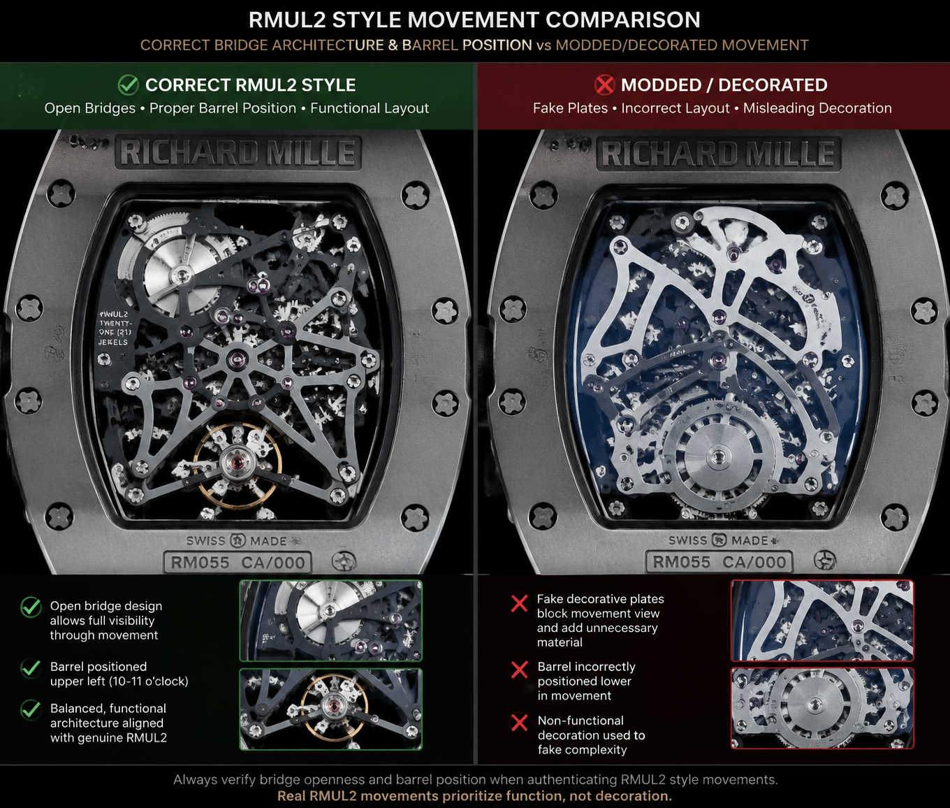 QC photo comparison showing correct bridge openness and barrel position on an RMUL2-style replica movement versus a modified caliber with fake decorative plates on the same model case