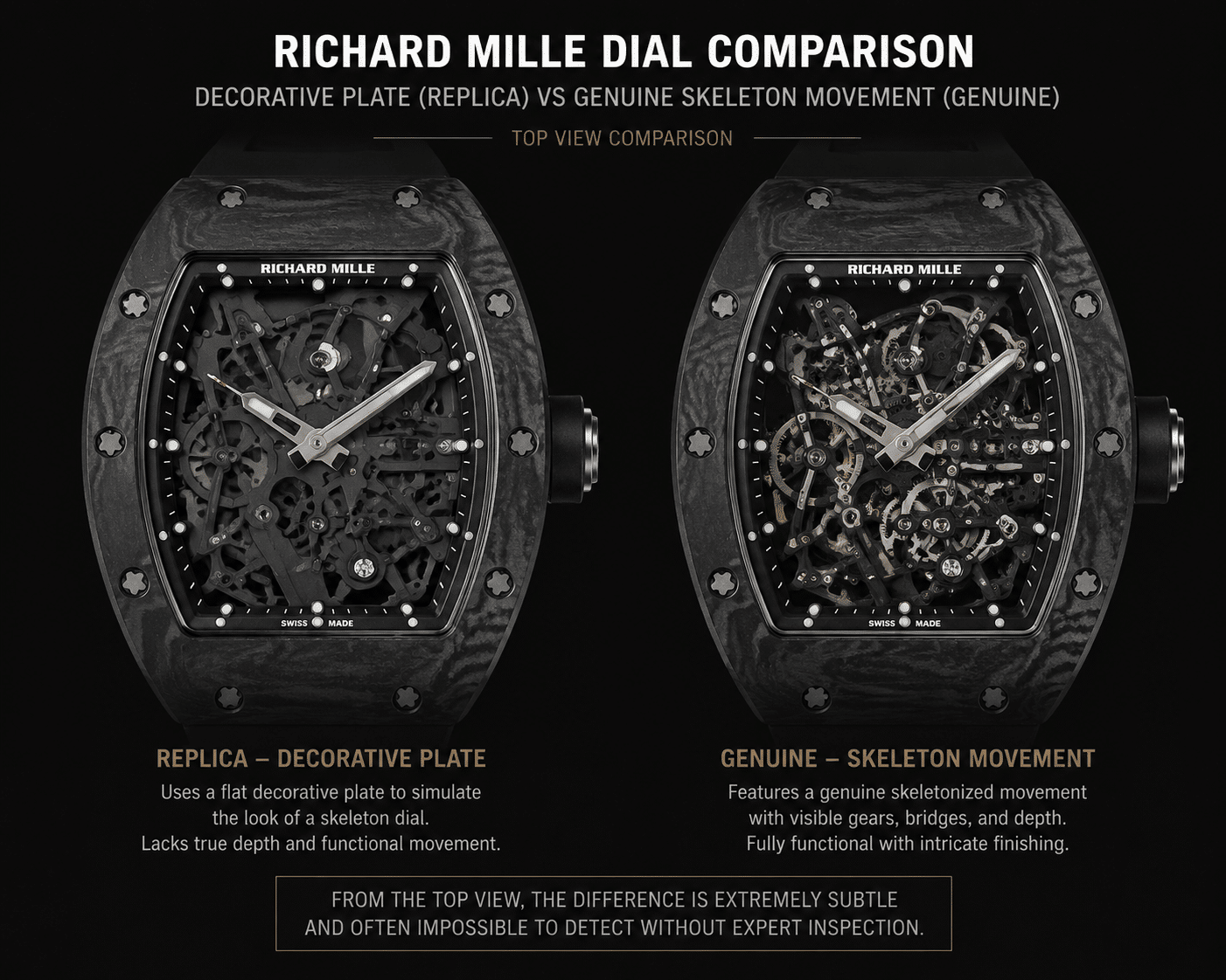 comparison of two Richard Mille replica dials from the front, one with a decorative plate and one with a genuine skeleton movement, showing how difficult the difference is to spot from the top view
