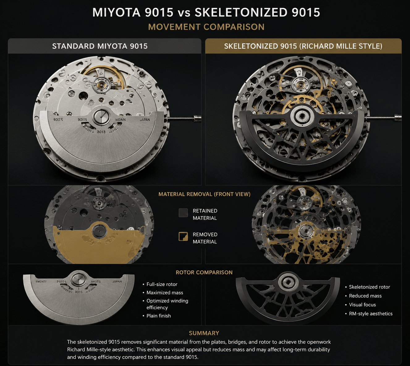 comparison of a standard Miyota 9015 movement and a skeletonized version used in a mid-tier Richard Mille replica, showing material removal and rotor replacement