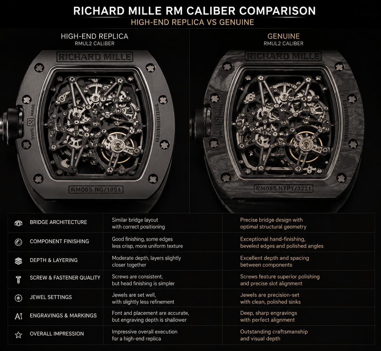 side-by-side comparison of a high-end integrated-style Richard Mille replica movement and a genuine RM caliber, highlighting bridge layout, component positioning, and visual depth