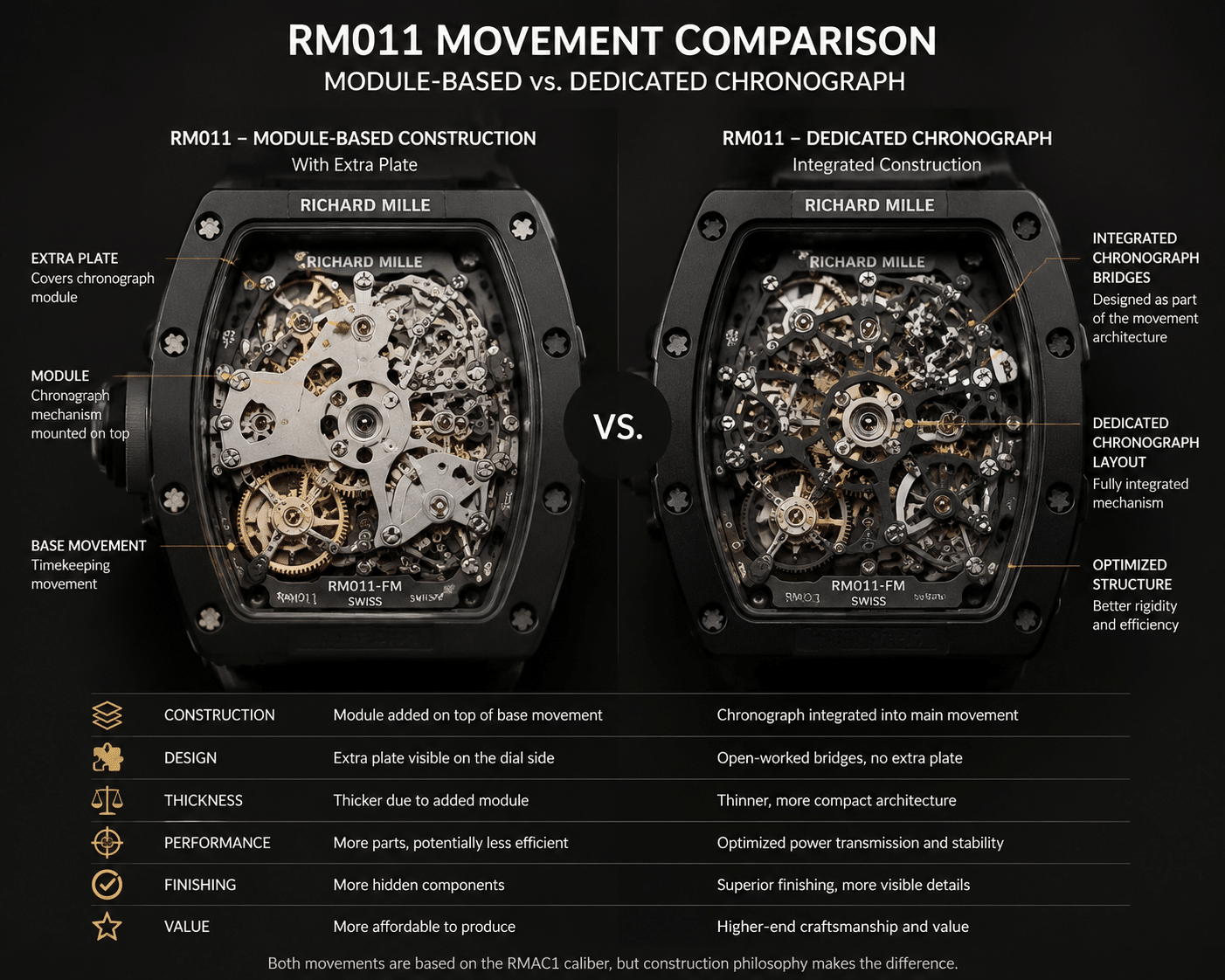 side-by-side comparison of two RM011 replica movements showing module-based construction with visible extra plate versus a dedicated chronograph layout with integrated bridges