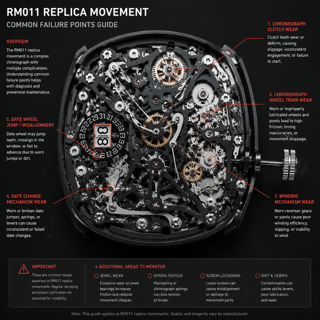 overhead view of an RM011 replica movement showing the chronograph module, winding mechanism, and date wheel area, with annotations pointing to common failure points