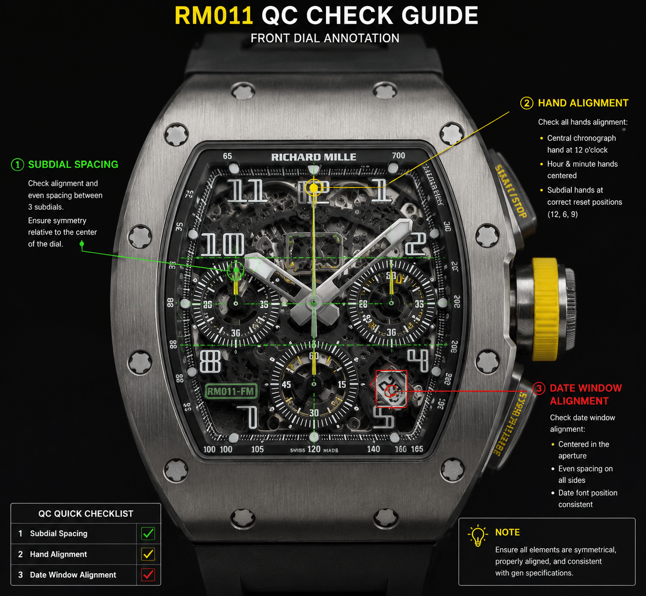 annotated RM011 QC photo showing front dial with subdial spacing, date window alignment, and hand alignment checks marked
