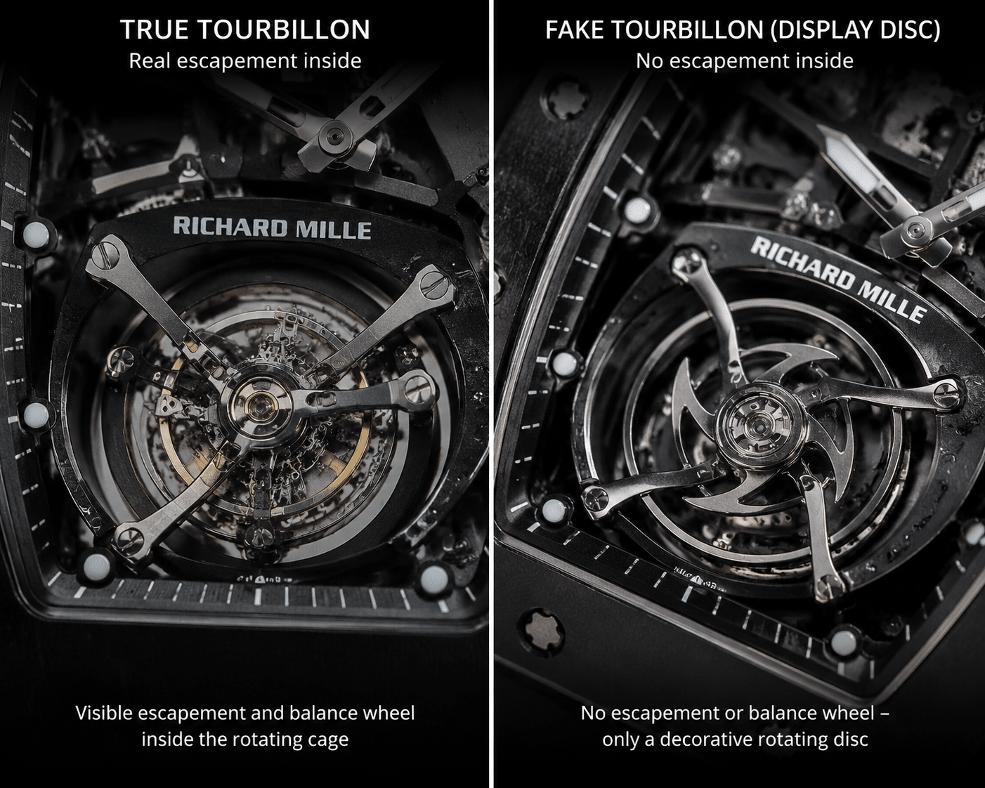 two side-by-side macro shots of Richard Mille replica dials, one showing a true tourbillon cage with visible escapement and balance wheel inside the rotating ring, the other showing a display rotating disc with no escapement visible inside the spinning element
