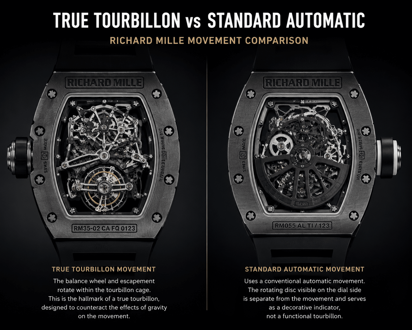 comparison image showing the movement side of two Richard Mille replicas, one with a true tourbillon movement showing the balance wheel and escapement inside the cage, the other with a standard automatic movement and a separate decorative rotating disc on the dial side