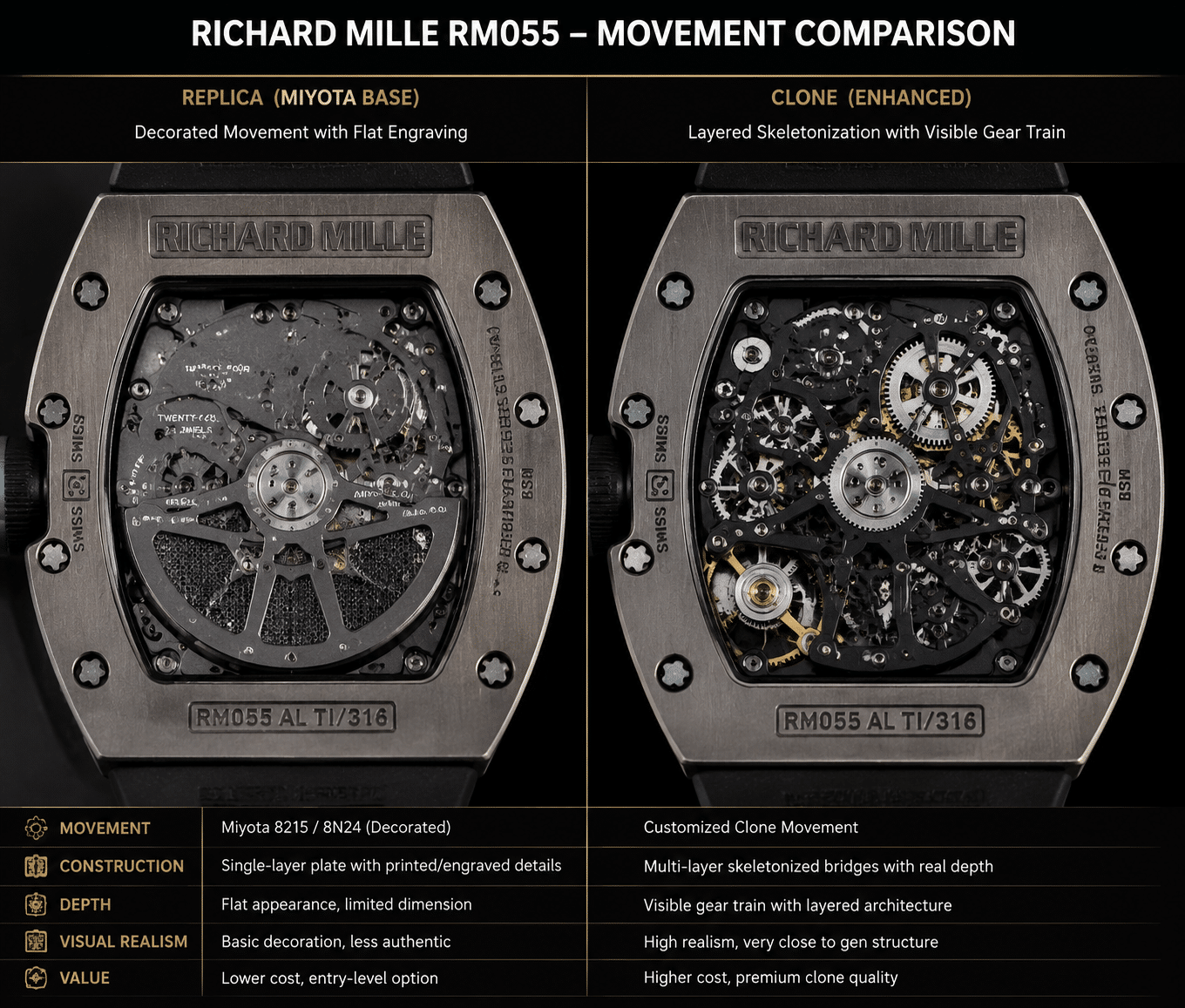 side-by-side comparison of a Richard Mille replica caseback showing a decorated Miyota movement with flat engraving versus a clone movement with layered skeletonization and visible gear train