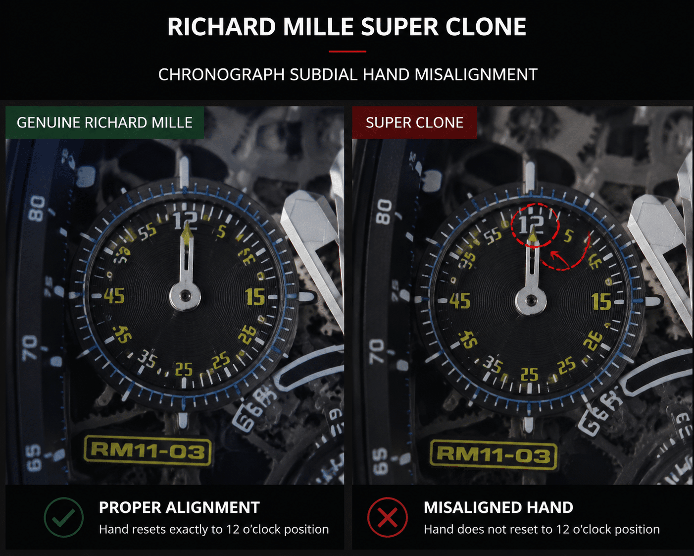 close-up comparison photo showing a Richard Mille super clone chronograph subdial with a misaligned hand that does not reset to the 12 o'clock position