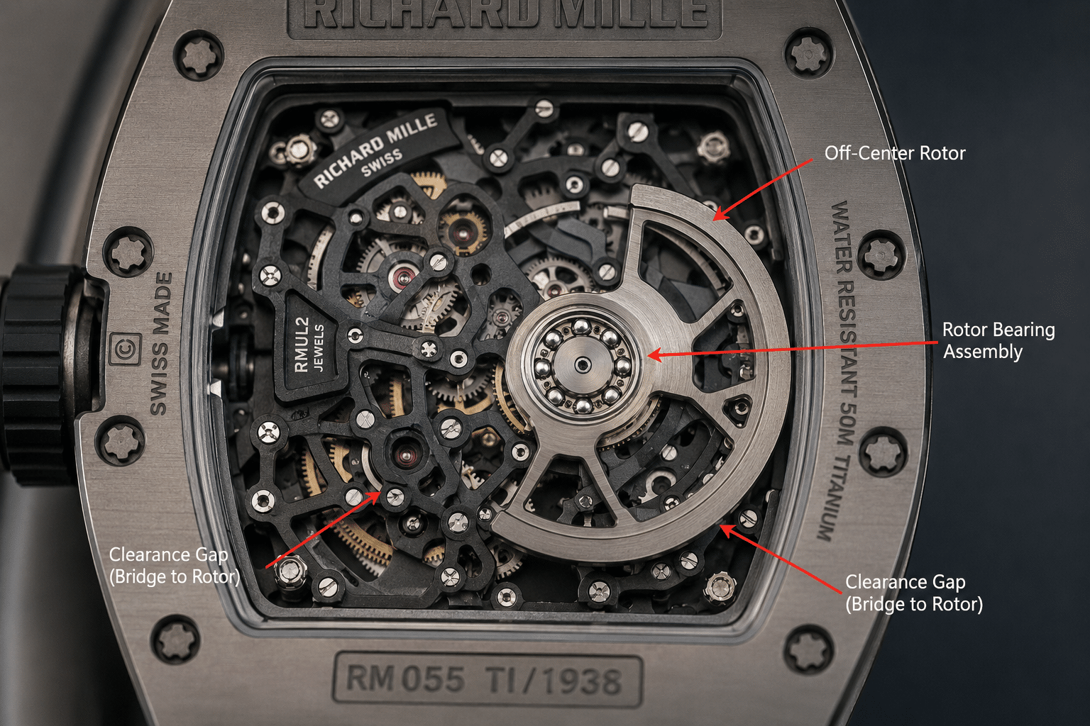 macro view of a Richard Mille super clone movement caseback showing the off-center rotor, bearing area, and clearance gaps near decorative bridges