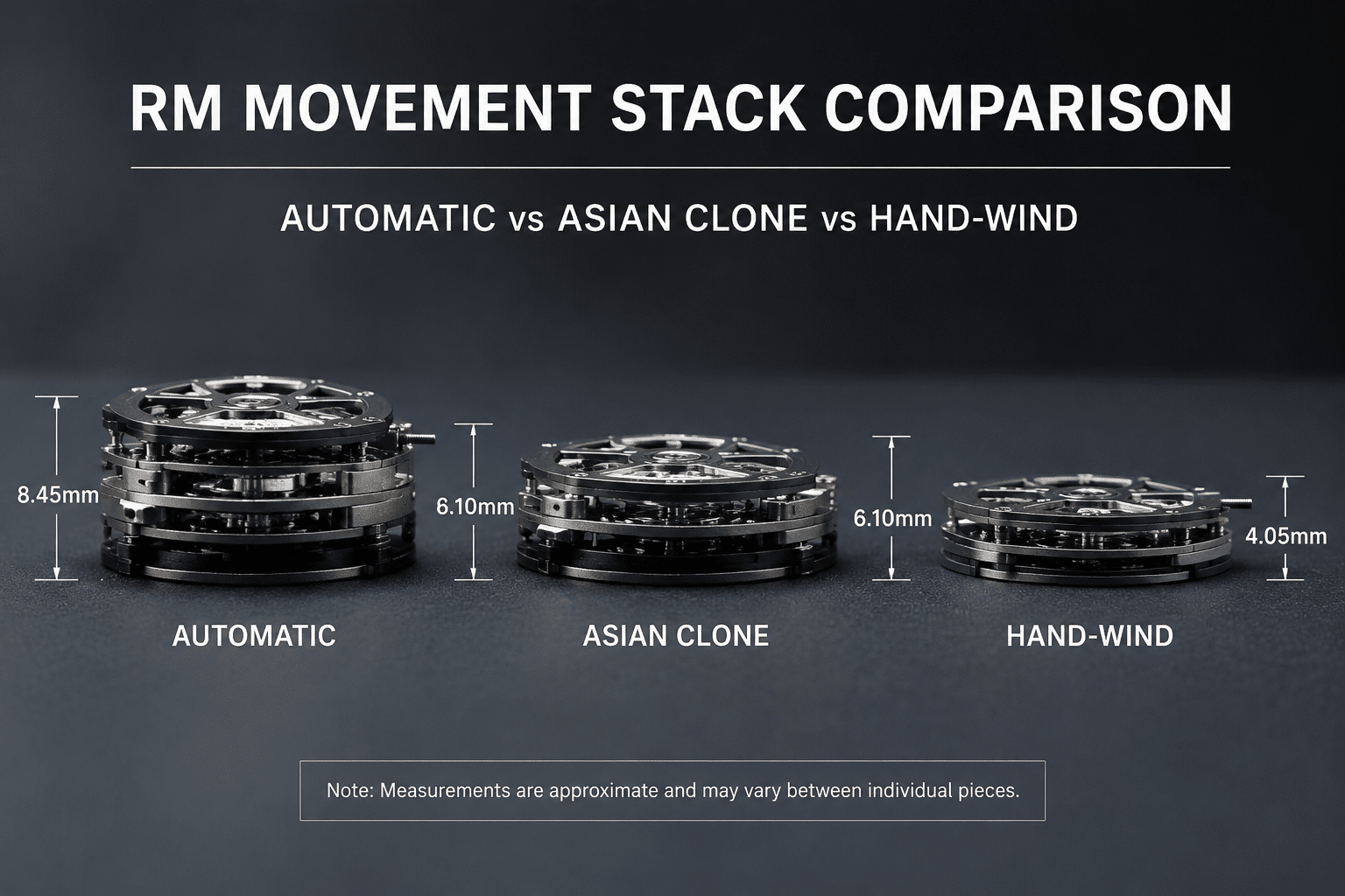 side-by-side comparison of three RM replica movement stacks: a thick automatic movement, a mid-thickness Asian clone, and a thin hand-wind movement, showing height difference
