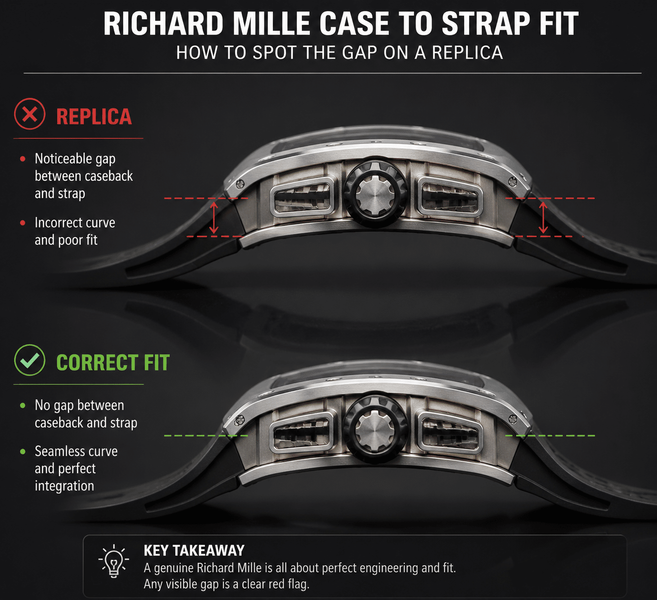 side view of a thick RM replica showing the gap between caseback and strap, compared to a correct-fitting side profile