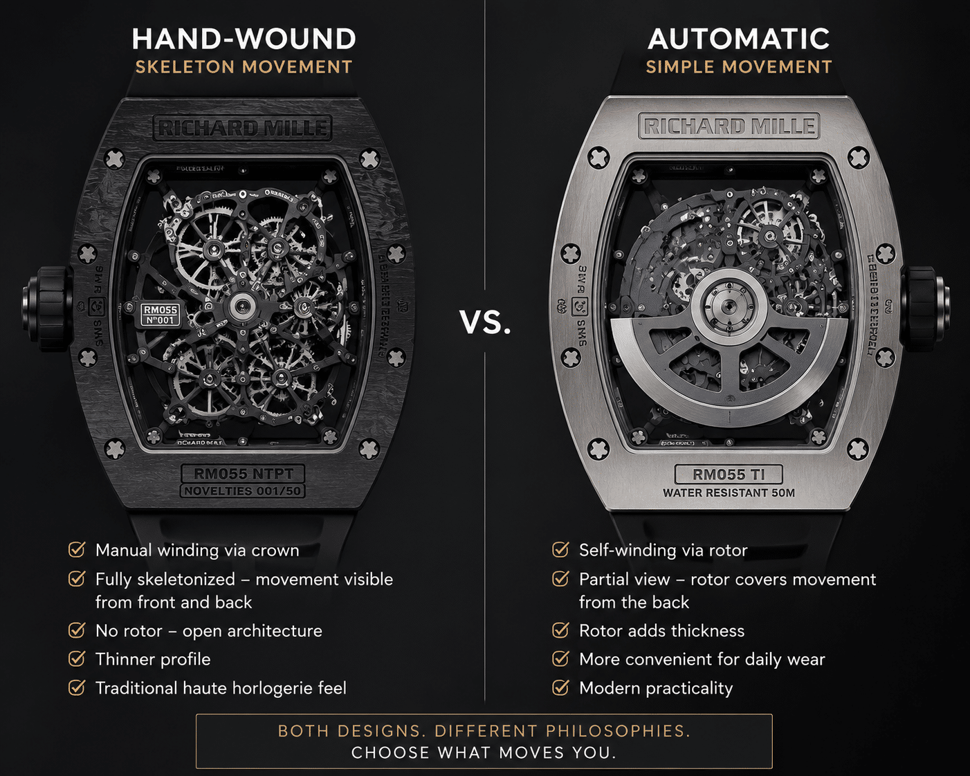 side-by-side comparison of a hand-wound skeleton movement and a simple automatic movement in Richard Mille replica cases, showing visible bridges and rotor placement differences