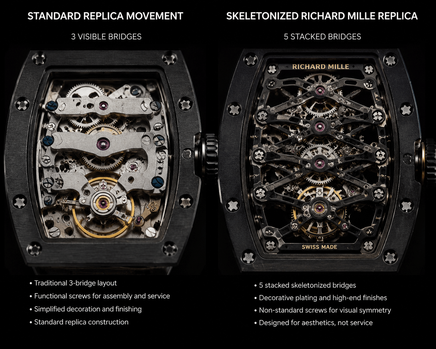 Close-up comparison of a standard replica movement with three visible bridges next to a skeletonized Richard Mille replica movement showing five stacked bridges, decorative plating, and small non-standard screws placed for visual symmetry rather than service access