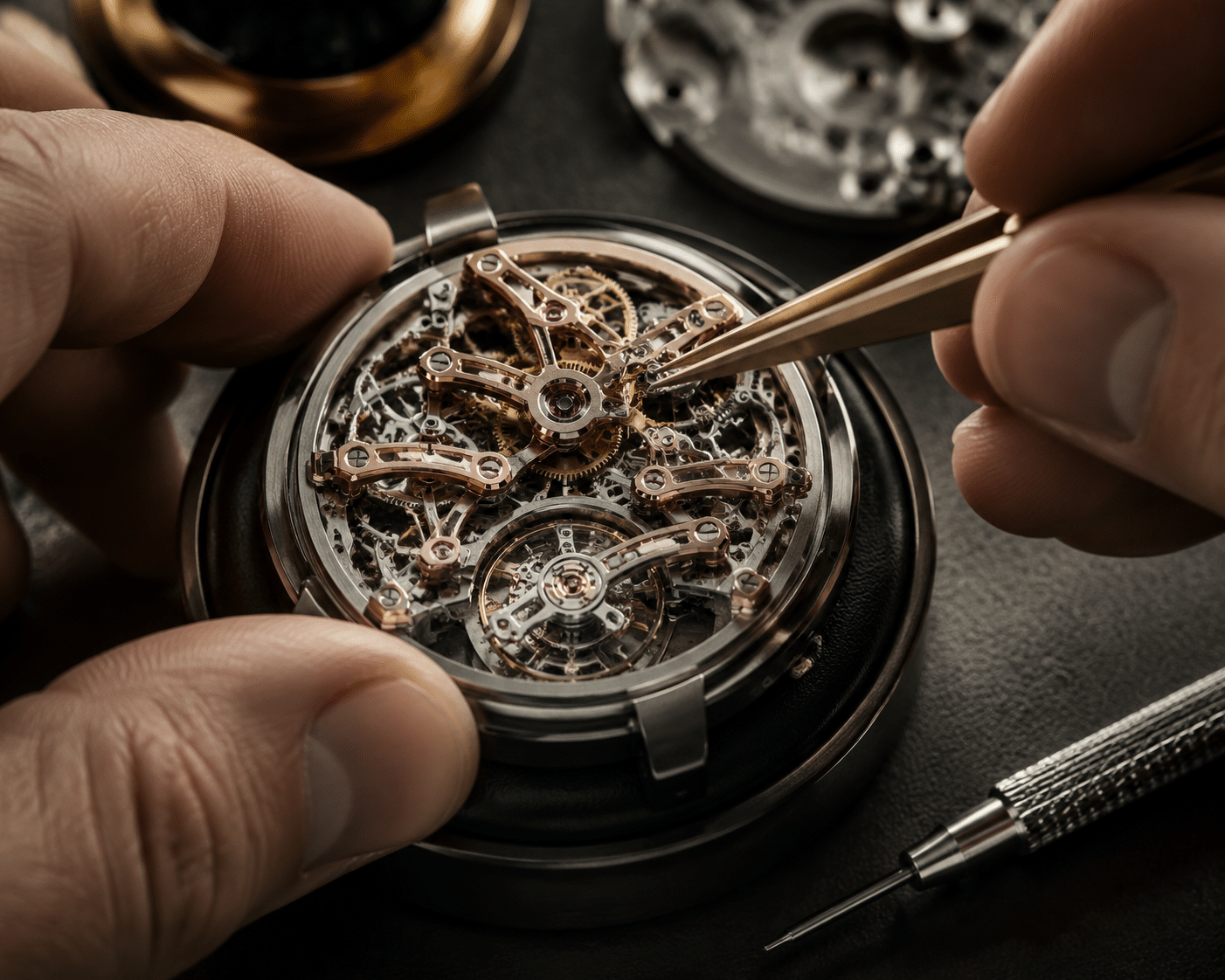 Close-up of a watchmaker's hands using tweezers to work on a complex multi-layer skeletonized movement, with several decorative bridges visible and a small screwdriver resting nearby