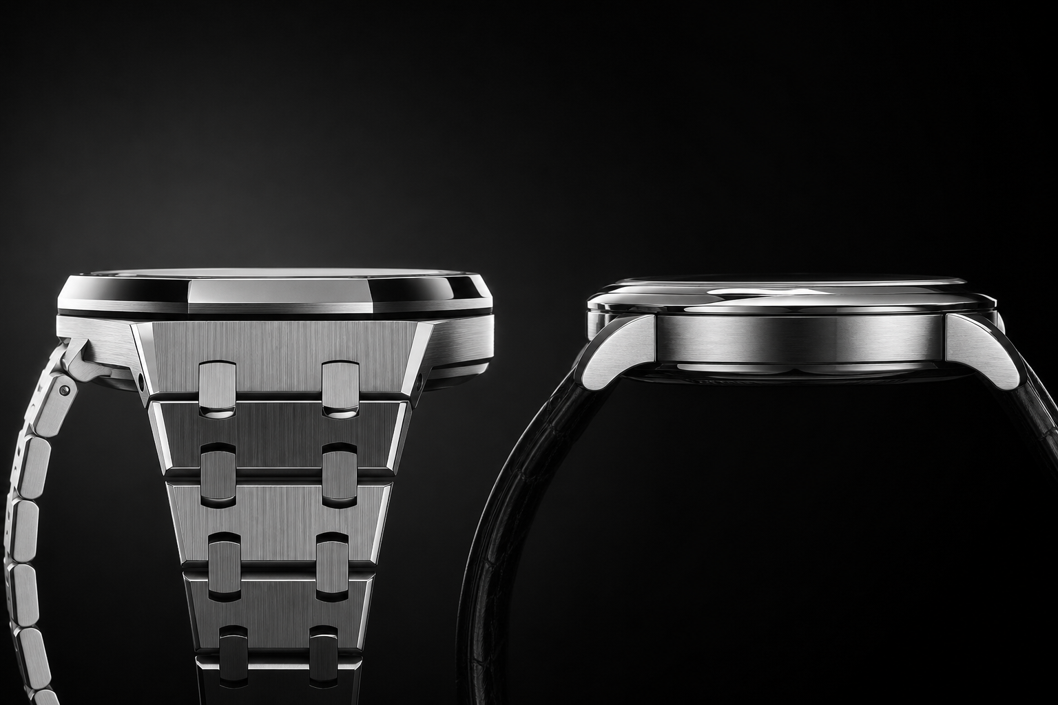 side profile comparison showing how a Royal Oak style case exposes thickness, edge finishing, and bracelet flow more clearly than a conventional round watch