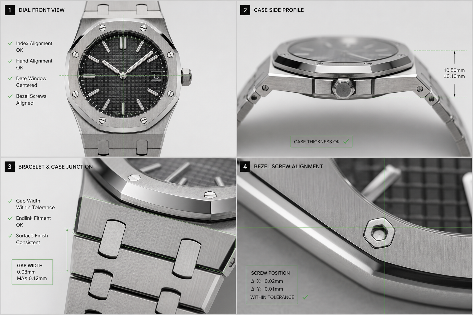 QC photo layout showing front dial, side profile, bracelet junction, and bezel screw alignment checks for a Royal Oak style replica
