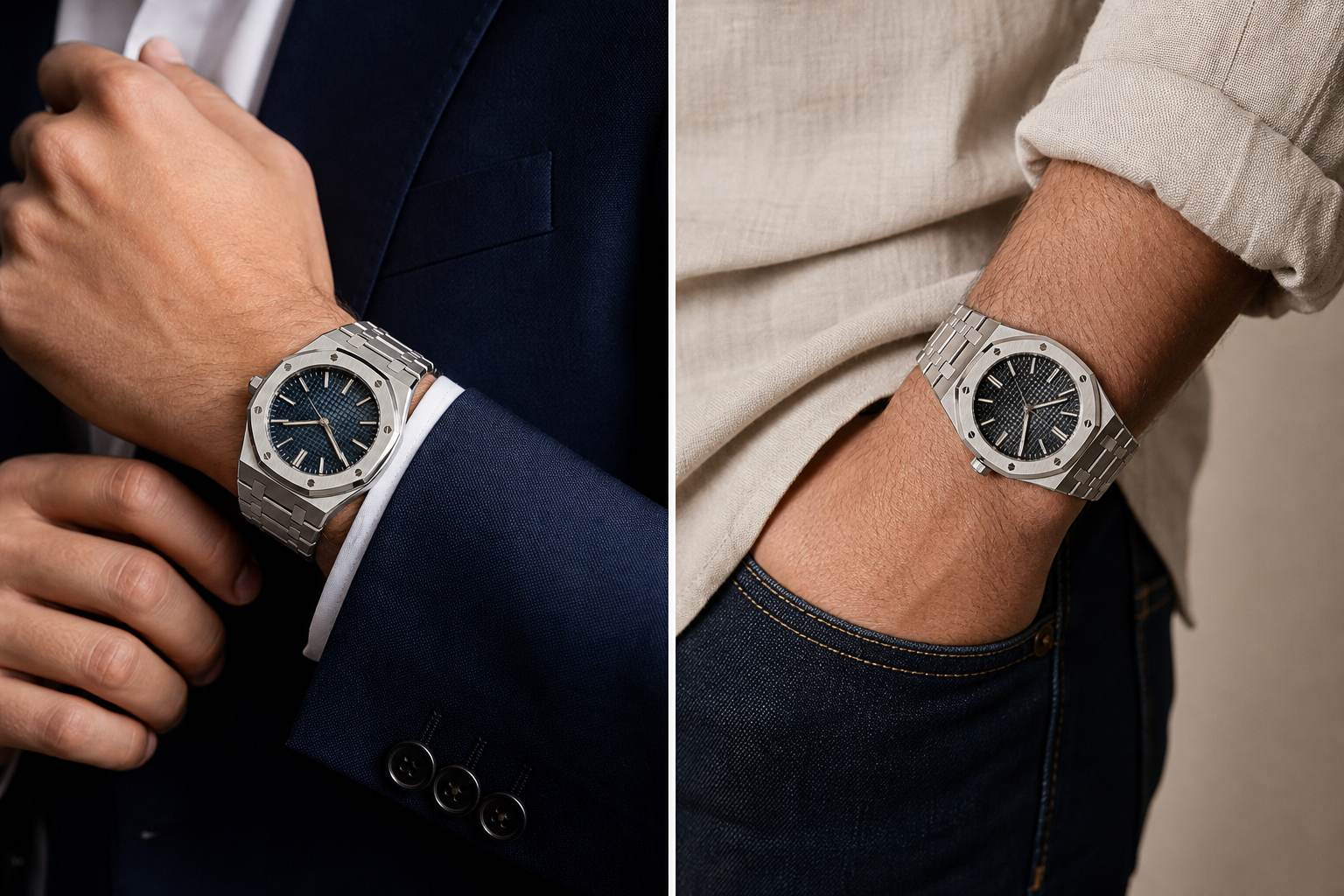 AP-style replica watch worn with office and casual outfits showing how the distinctive case shape changes wrist visibility