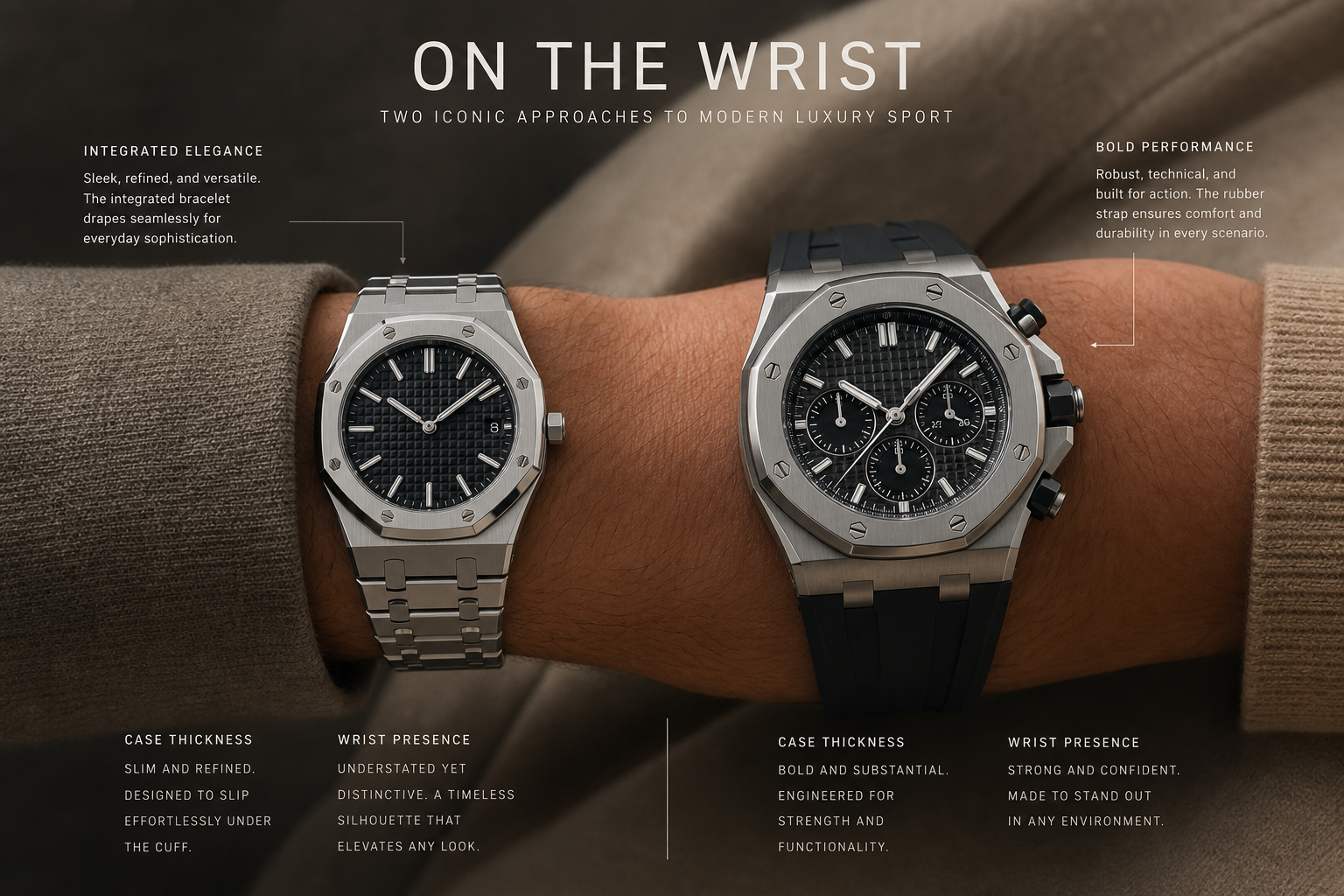 side-by-side wrist fit comparison of a Royal Oak-style super clone with integrated bracelet and a Royal Oak Offshore-style super clone on rubber strap