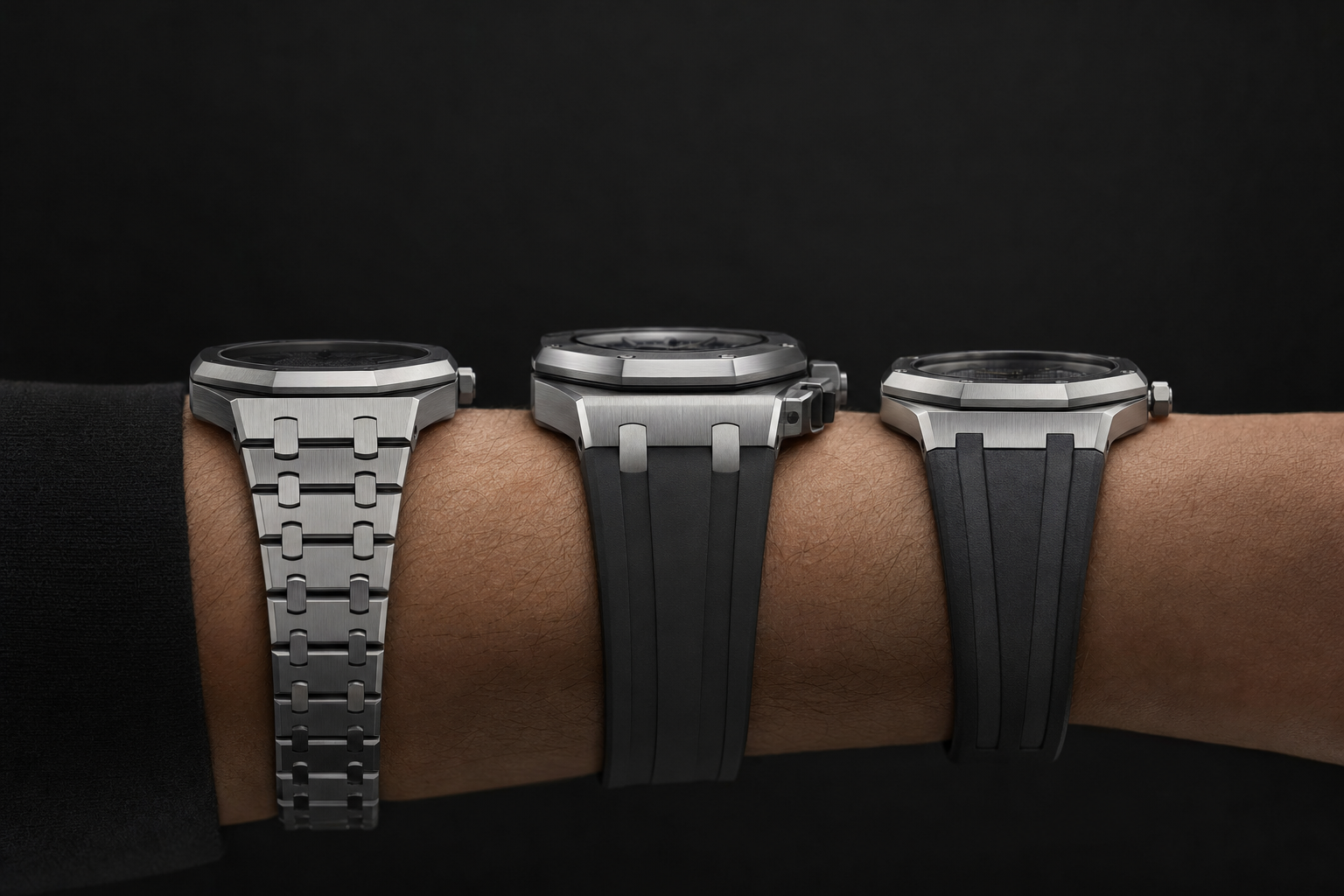 side profile comparison showing Royal Oak-style bracelet flare, Offshore-style case thickness, and rubber strap drop on wrist