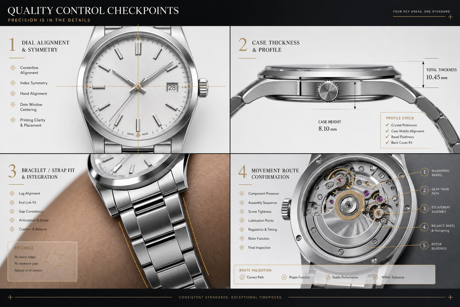 QC-style layout showing AP replica dial alignment, side profile thickness, bracelet or strap fit, and movement route confirmation points