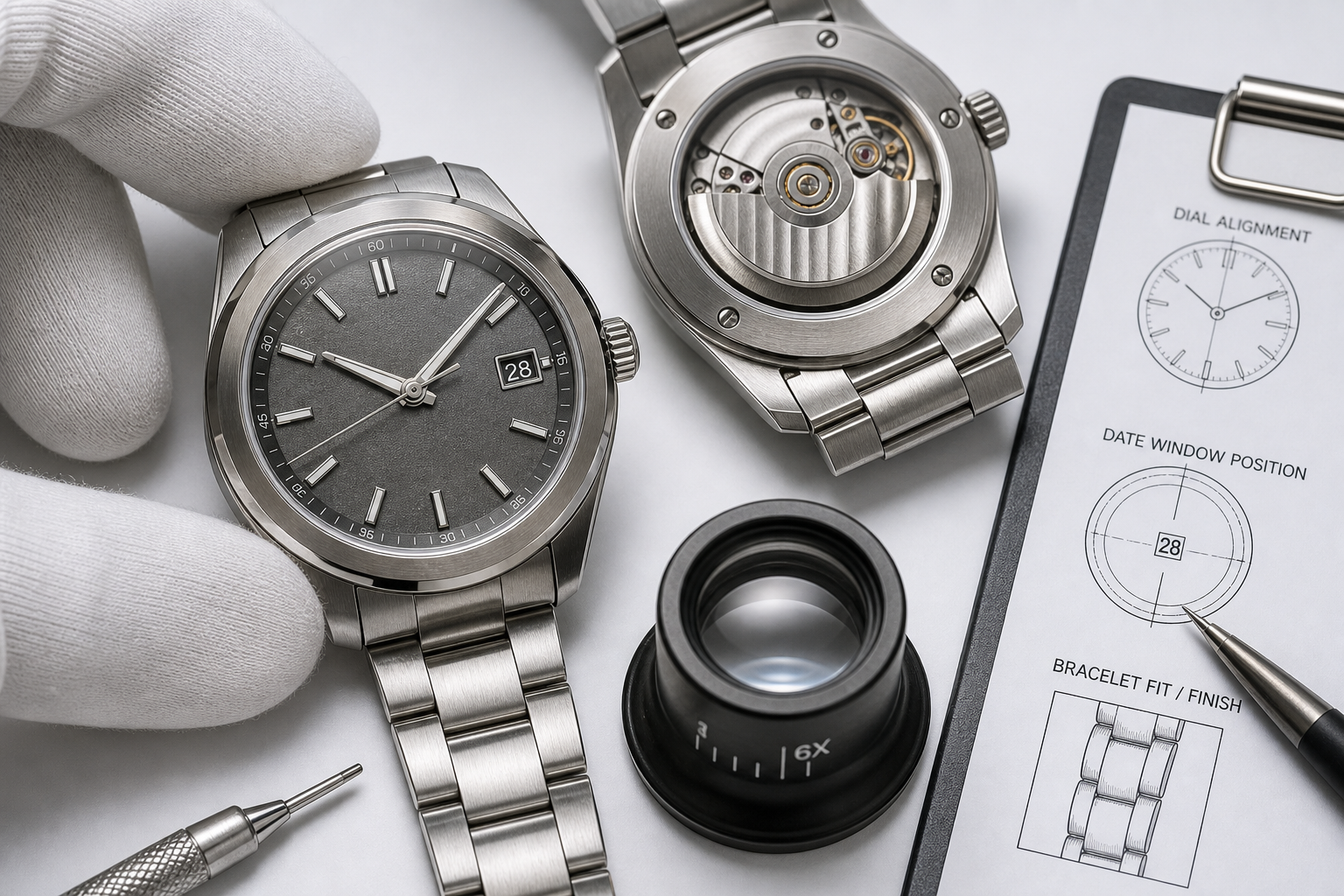 close-up QC layout for an AP-style super clone showing dial alignment, date window position, visible rotor area, and bracelet fit