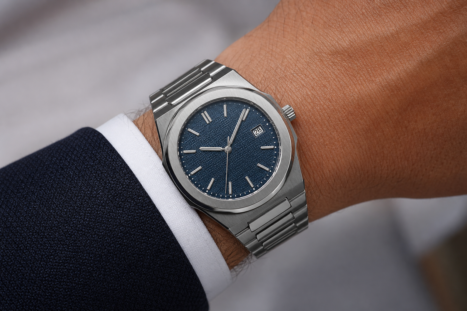 wrist shot of an AP-style super clone emphasizing recognizable case shape, integrated bracelet presence, and daily-wear proportions
