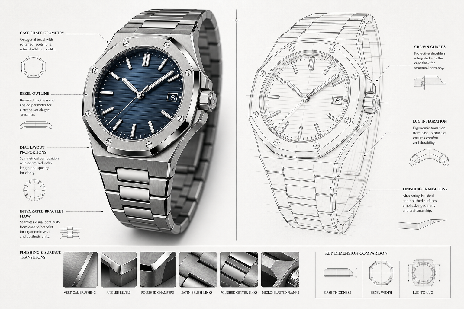 side-by-side visual planning image showing Audemars Piguet Royal Oak replica case shape, integrated bracelet flow, bezel outline, and dial layout comparison points