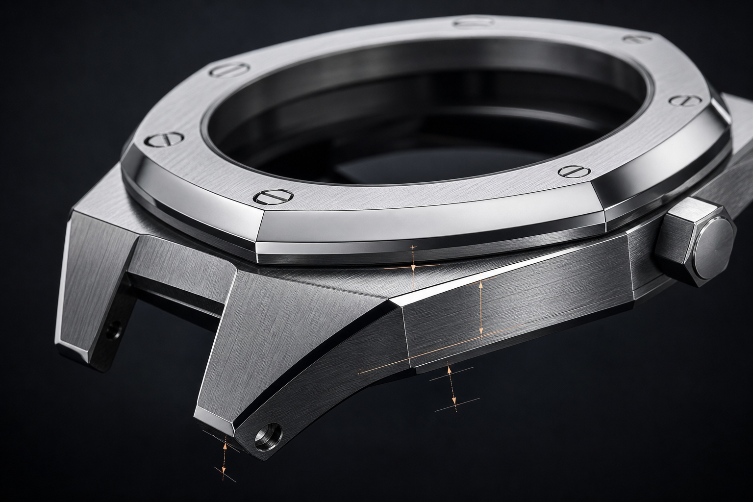 angled light view of Royal Oak-style replica bezel screws, brushed case planes, polished chamfers, and case thickness inspection points