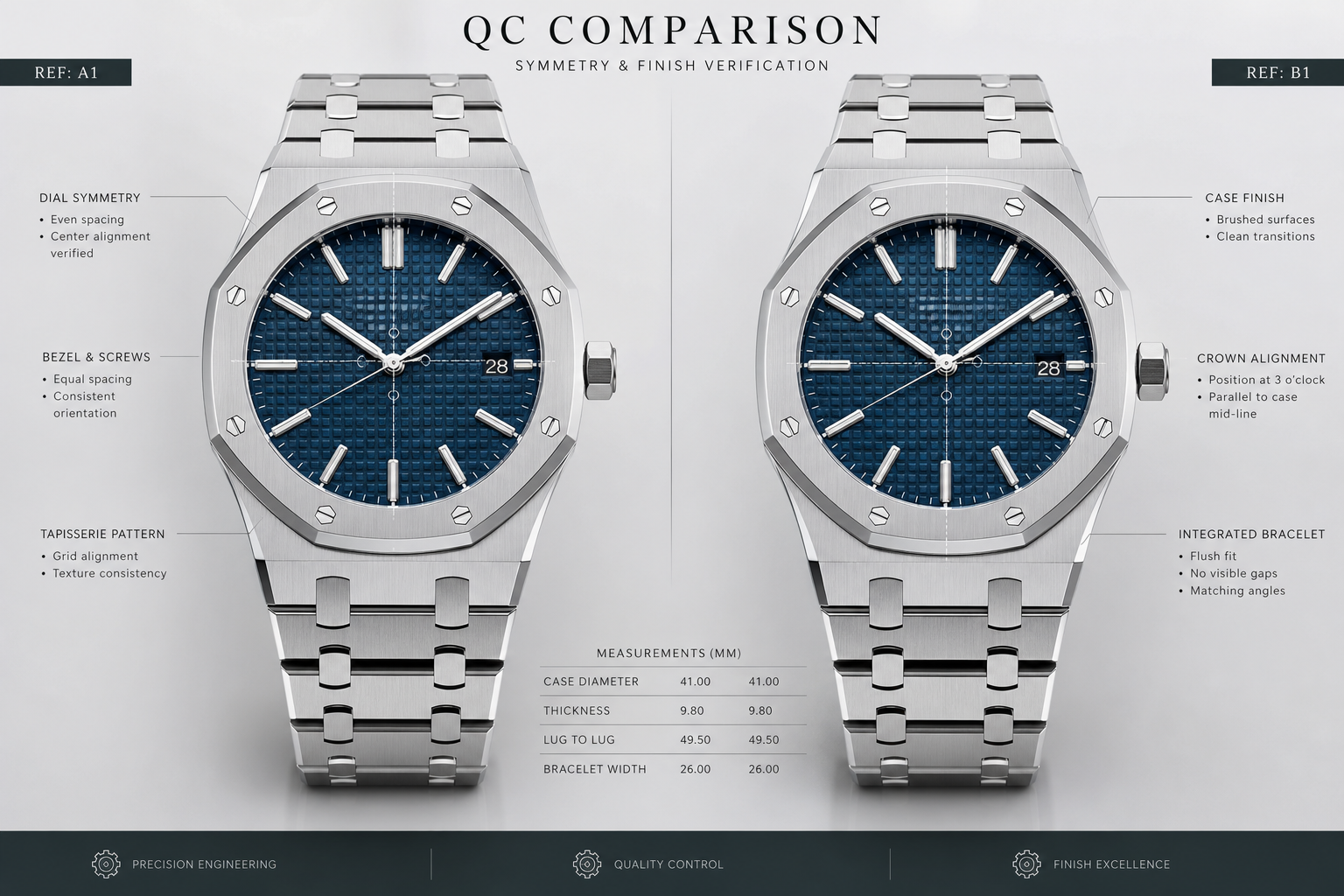 AP super clone QC photo comparison showing front dial symmetry, octagonal bezel screws, tapisserie alignment, and integrated bracelet fit