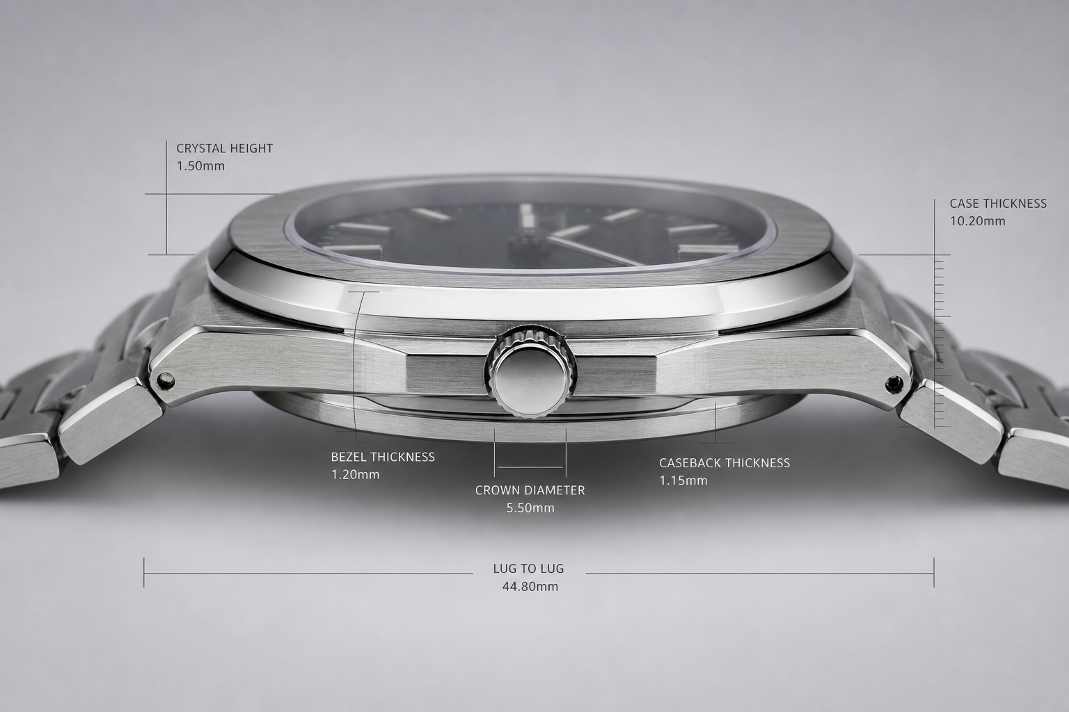 side profile AP super clone QC photo showing case thickness, bezel seating, crystal height, crown position, and caseback stack