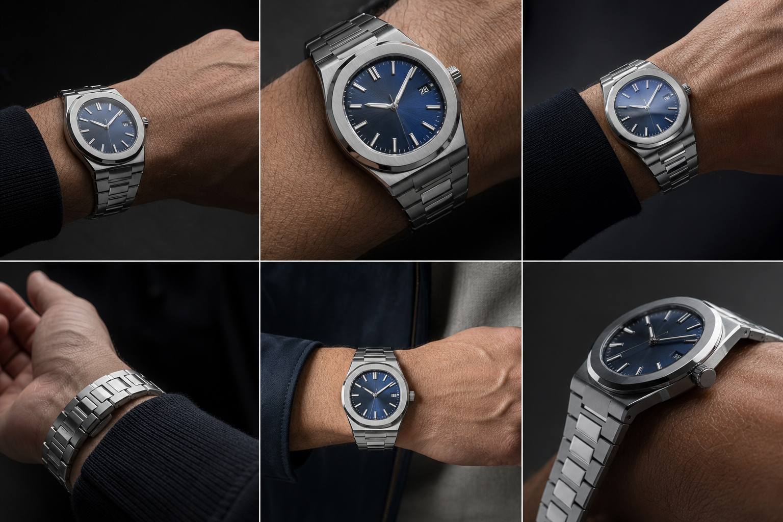 AP super clone wrist and angle QC photos showing case presence, bracelet drape, dial color shift, and bezel reflections under different lighting