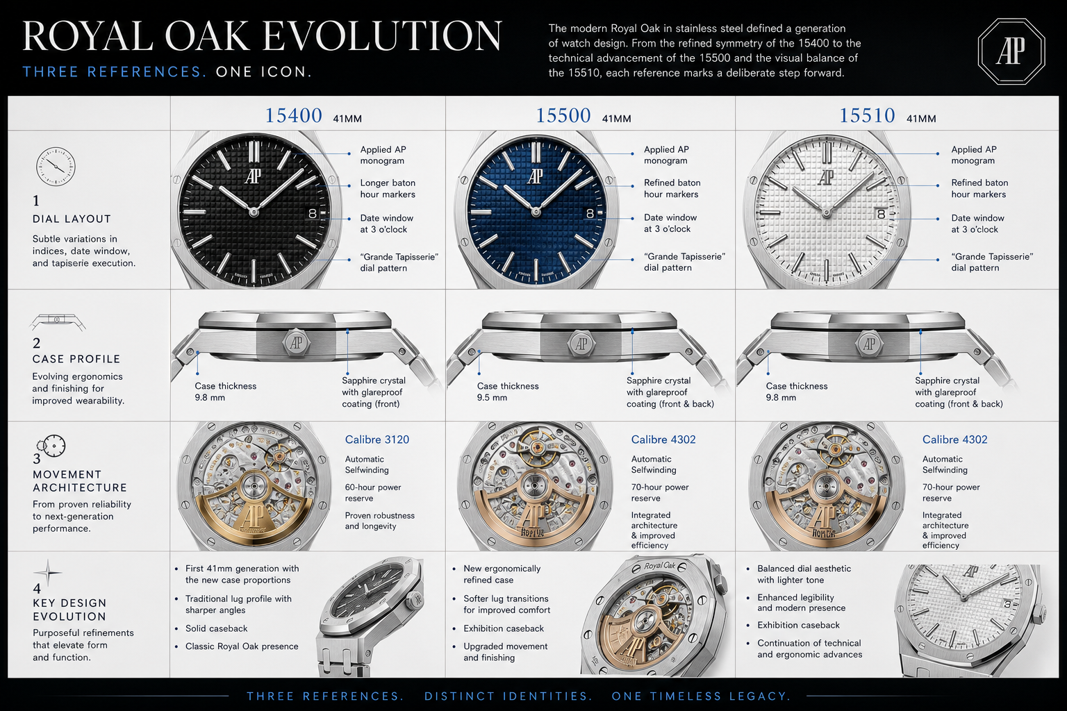 comparison layout of AP Royal Oak 15400, 15500, and 15510 super clone decision factors including dial layout, case profile, movement route, and QC risk